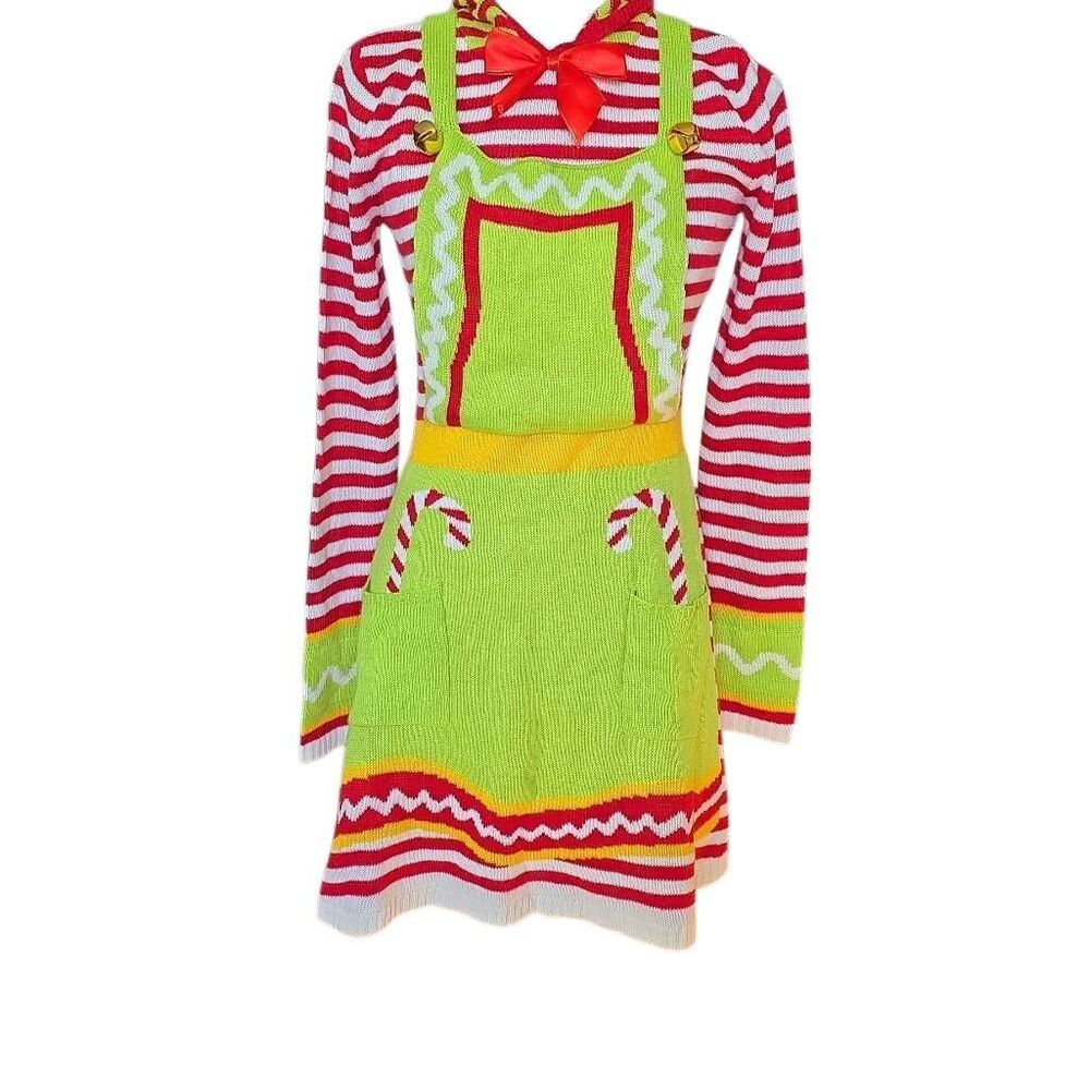 Born Famous Women's Size Small Red Green Christmas Hooded Elf Sweater Dress